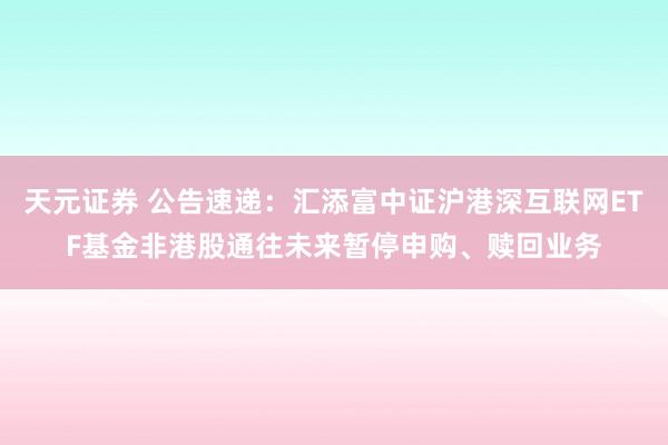 天元证券 公告速递：汇添富中证沪港深互联网ETF基金非港股通往未来暂停申购、赎回业务